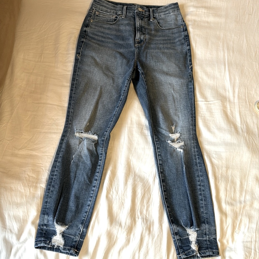 Good American high rise distressed skinny jeans